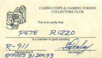 Casino Chip Collecting Card for Pete Rizzo