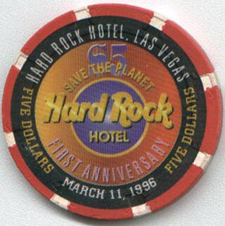 Las Vegas Hard Rock Hotel First Anniversary 1996 $5 Casino Chip