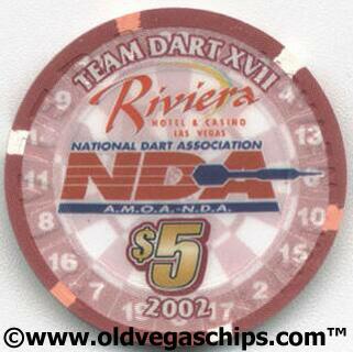Las Vegas Riviera NDA Dart Tournament 2002 $5 Casino Poker Chip