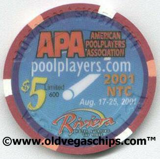 Las Vegas Riviera APA Pool Tournament 2001 $5 Casino Chip