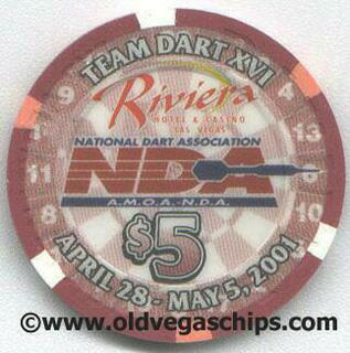 Riviera Dart Tournament 2001 $5 Casino Chip